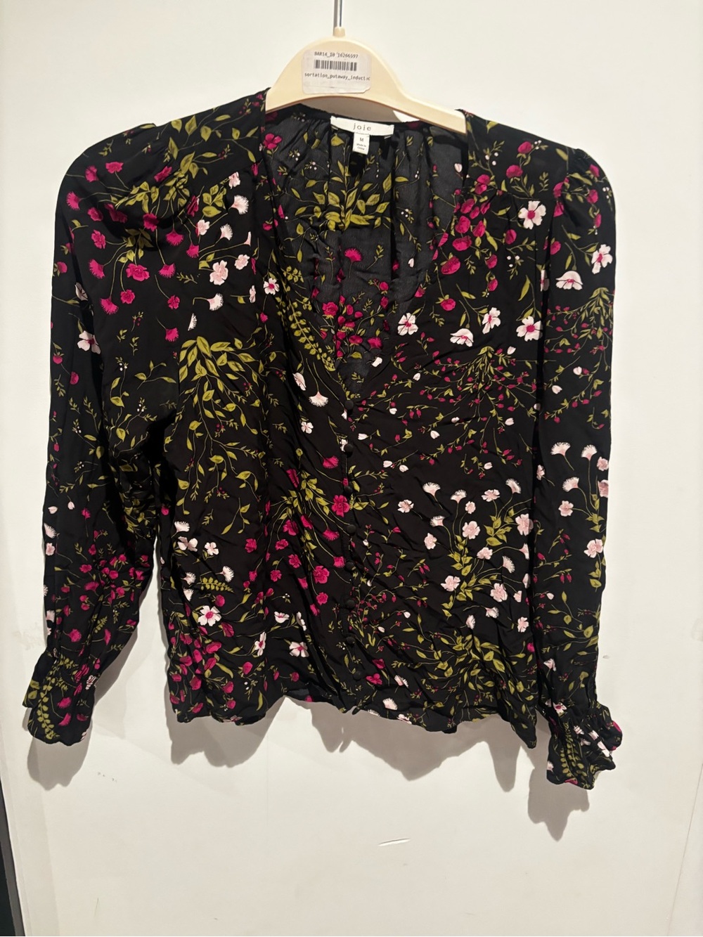 Joie Black Floral Wrap Blouse with Pink & Green Blooms